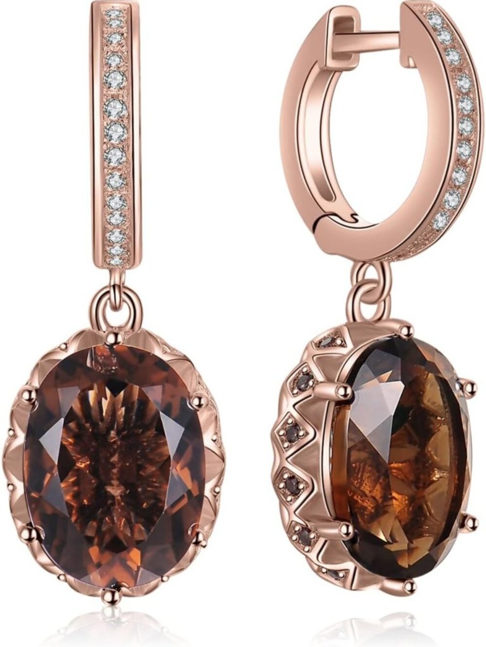 Stunning 7.2ct Oval Smoky Quartz Dangle Earrings, 14K Gold Plated Silver Huggies